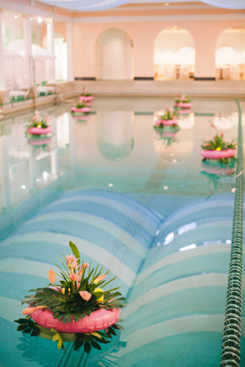 pool party, Eric Kelley, Pamela Barefoot Events, wedding venue, wedding welcome party, pool flowers