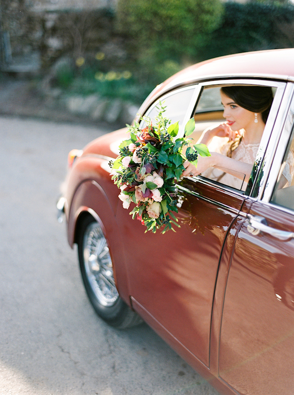 vintage car, bride, bouquet, red car, pamela barefoot, pam barefoot, Ireland, dc wedding planner, wedding planner, destination wedding