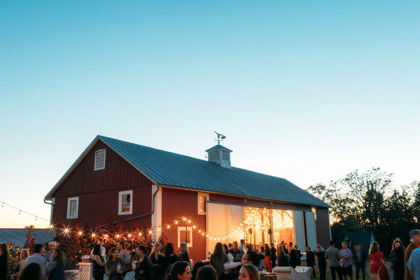 barn, guests, barn party, field party, pamela barefoot events, hope flower farm, string lights, twilight