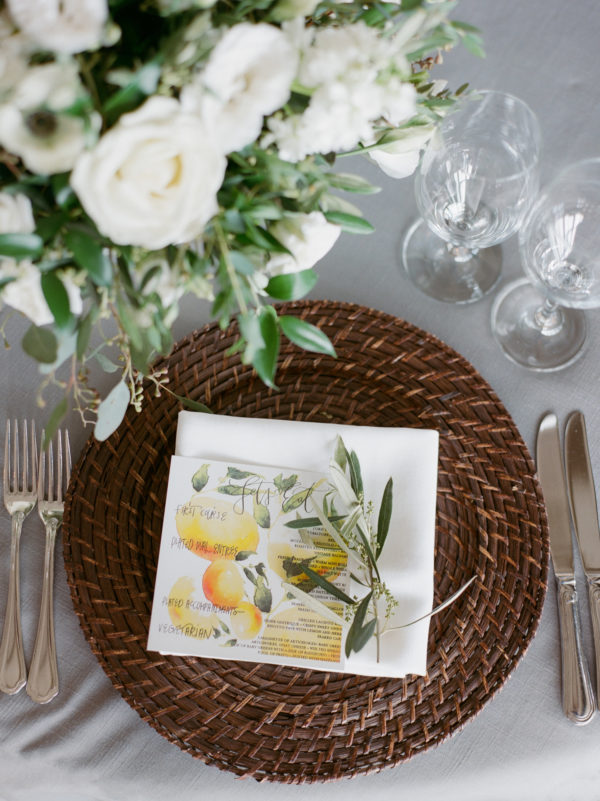 citrus wedding, tuscan wedding, place setting, wedding flowers, wedding planner, virginia wedding planner, dc wedding planner, virginia wedding, olive leaf, wedding tablescape, pamela barefoot events, stone tower winery wedding, abby grace photography