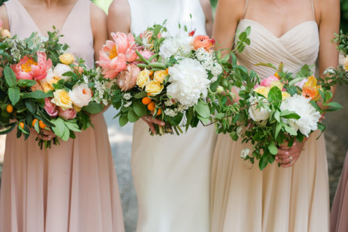 colorful bouquets, wedding bouquet, citrus wedding, bridesmaids, wedding dress, DC bride, Washingtonian Weddings