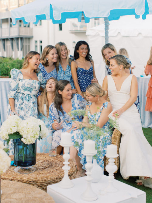 bridesmaids, cocktail hour, bridal party, Rosemary Beach wedding, Florida wedding, blue wedding, coastal wedding