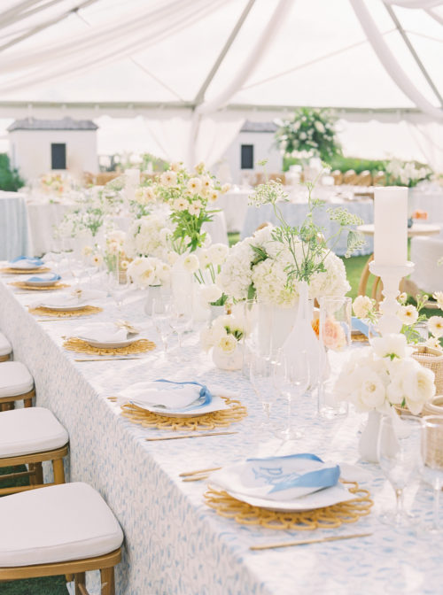 wedding table, wedding designer, Florida wedding, blue and white wedding, Pamela Barefoot Events, tented wedding, wedding tent, place settings