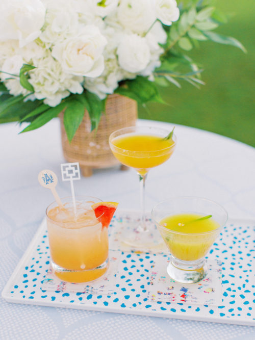 wedding cocktails, Style Me Pretty wedding, signature drinks, Rosemary Beach wedding, blue and white wedding, custom wedding design