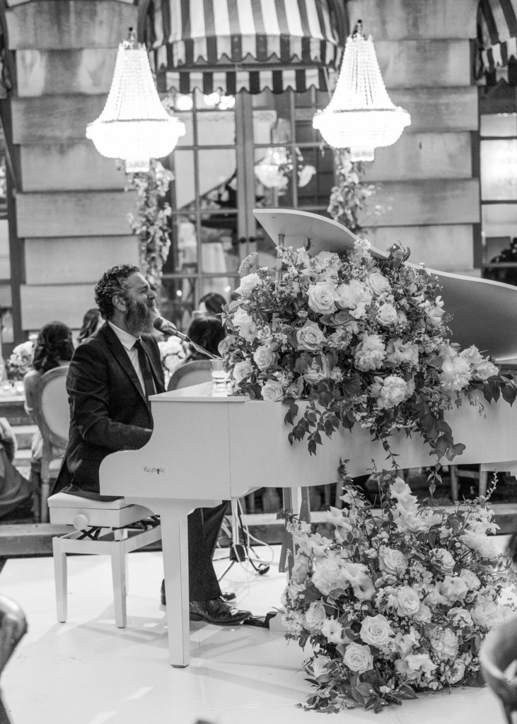 wedding reception, wedding flowers, wedding pianist, John Hall wedding piano, wedding chandeliers, alfresco D.C wedding, DC wedding vendors, Pamela Barefoot Events