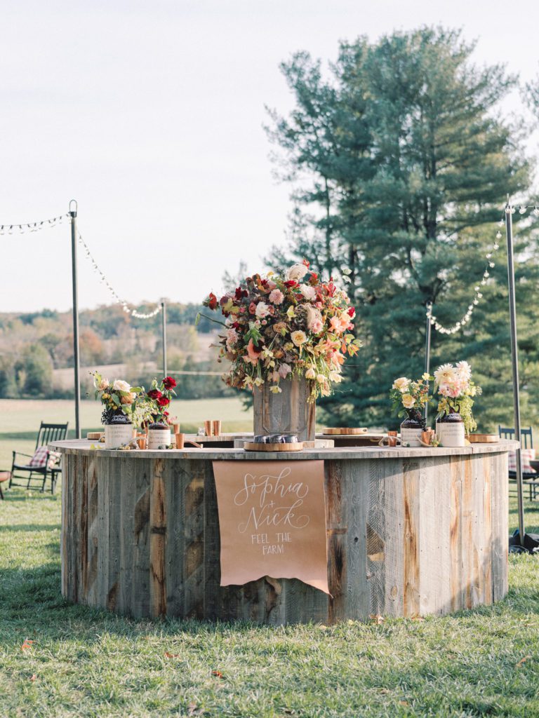 fall wedding, wedding bar, wedding sign, wedding flowers, large bar arrangement, autumn wedding decor, Maryland wedding planner
