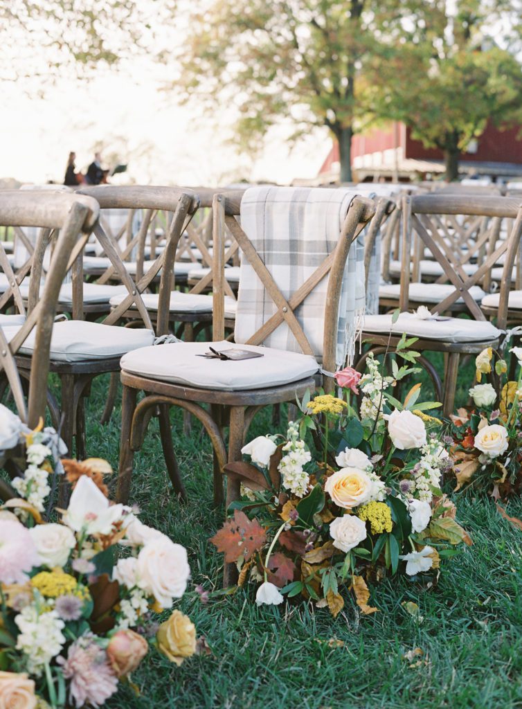 ceremony chairs, ceremony flowers, wedding inspiration, wedding flowers, autumn wedding flowers, ceremony chair with blanket, Pamela Barefoot Events 