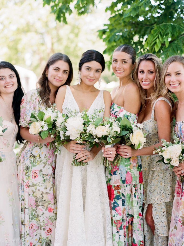 wedding dress, floral bridesmaid dresses, wedding bouquets, bridesmaids 